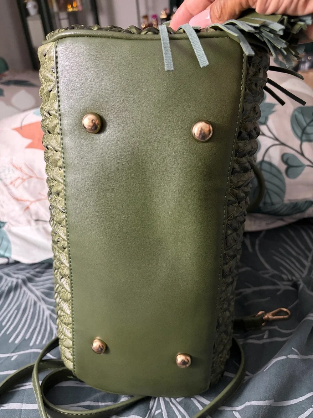 Olive Green Braided Satchel Handbag - Women's Shoulder & Top-Handle Bag Vegan